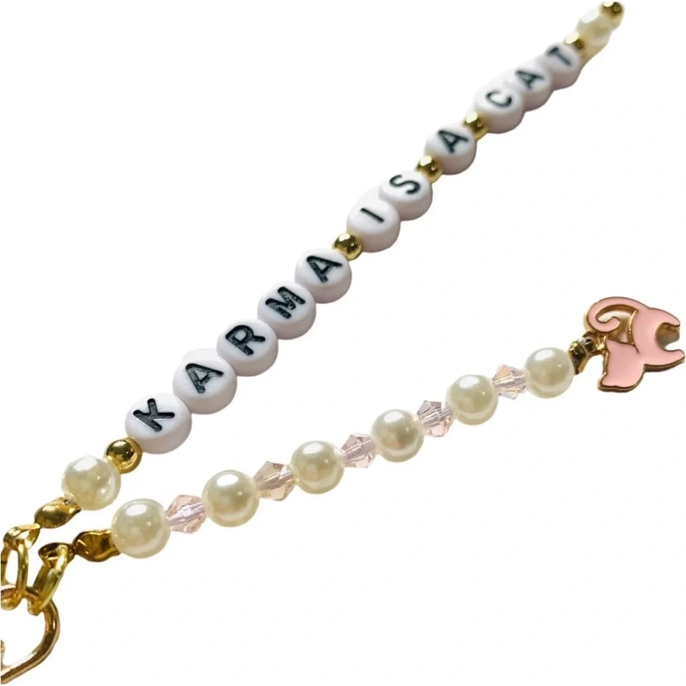 Karma Is A Cat Keychain Pearls and Pink Crystals on A Gold Tone Keyring Pink Cat